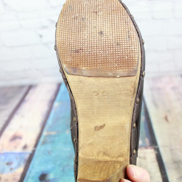 Sanita Brown Leather Buckle Accent Wooden Studded Cone Heeled Booties Size US 8 - Picture 9 of 9